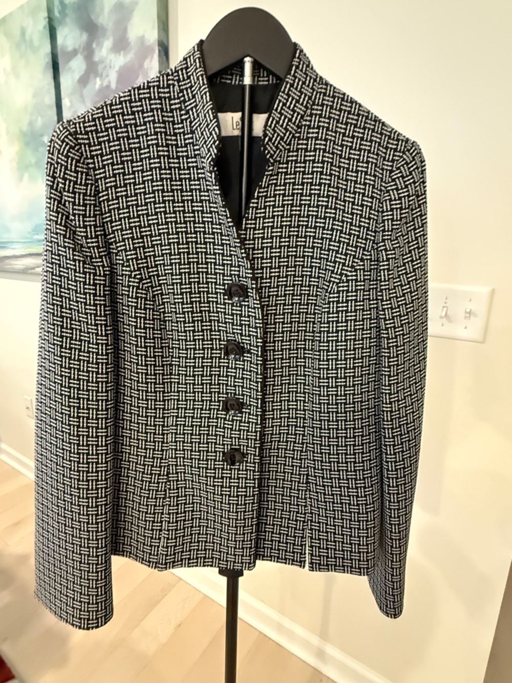 Le Suit Black & White Textured Blazer Size 6 Classic Career Jacket